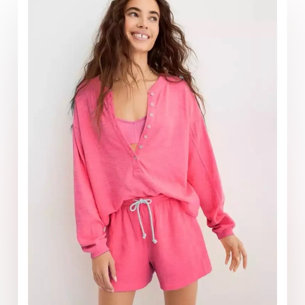 Aerie Pink Henley Button Long Sleeve Top - Picture 2 of 5
